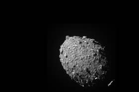 Asteroid moonlet Dimorphos as seen by the DART spacecraft 11 seconds before impact (Credits: NASA/Johns Hopkins APL)