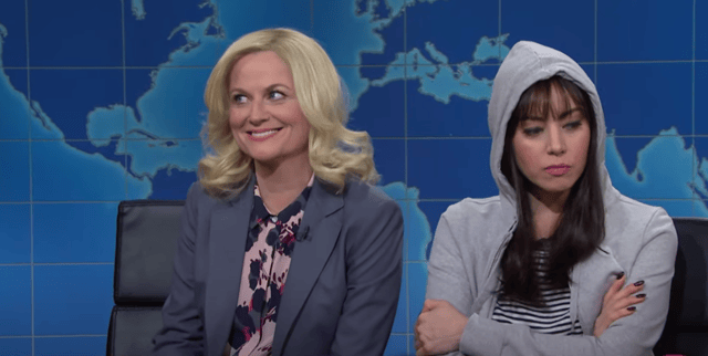 Fans of Parks and Recreation were treated to an impromptu reunion as Amy Poehler joined former castmate Aubrey Plaza during this weekend’s Saturday Night Live (Credit: NBCUniversal)