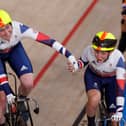 Britain's Katie Archibald (L) and Laura Kenny celebrate after winning in the women's track cycling Madison final (Photo by ODD ANDERSEN/AFP via Getty Images)