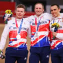 Silver medalists Jack Carlin, Jason Kenny and Ryan Owens of Team Great Britain, pose on the podium during the medal ceremony (Getty Images)