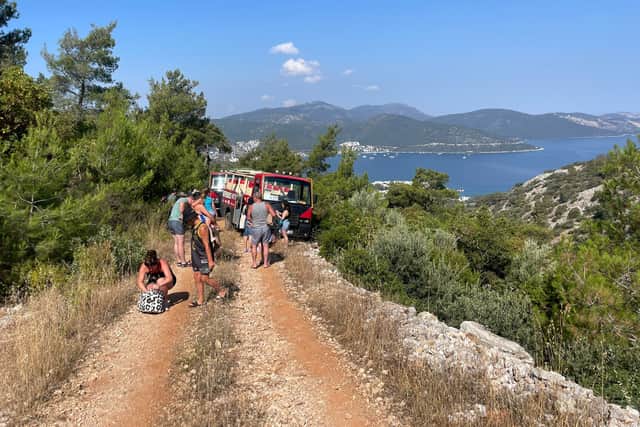 Tourists walked for 45 minutes in 30 degree heat after their off-road vehicle broke down during an off-road experience. Josef Killey, 24, was on holiday in Turkey with partner Joseph Morphet, 29, when their excursion went wrong.  (SWNS)