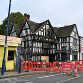 The Greyhound and Punch Bowl on Bilston High Street was badly damaged by fire, which police are treating as arson. 1st October 2023.  See SWNS story SWLNpub. Another historical 'wonky' pub has been hit by a suspected arson attack - just five miles from the Crooked House. (Credit: SWNS)