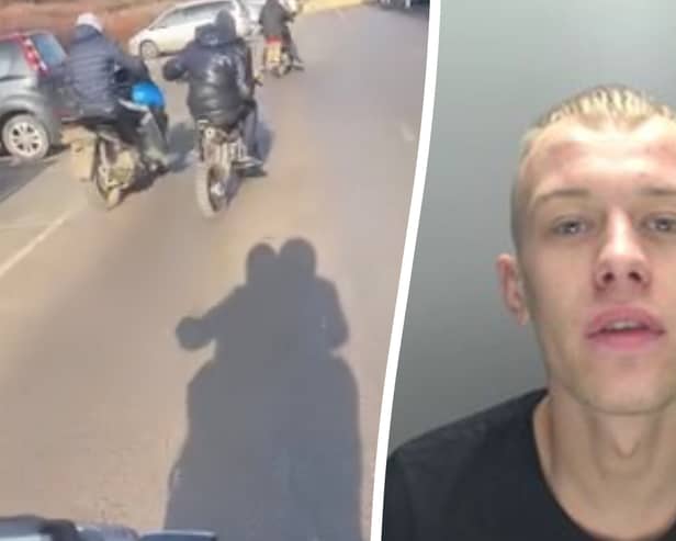TikTok yob Kane Tilney, 23, regularly hurtled around Darlington on his motorbike and filmed his exploits which he posted on social media. But all police had to do to gather evidence against him was to watch his videos... Picture: Northumberland Police / SWNS

