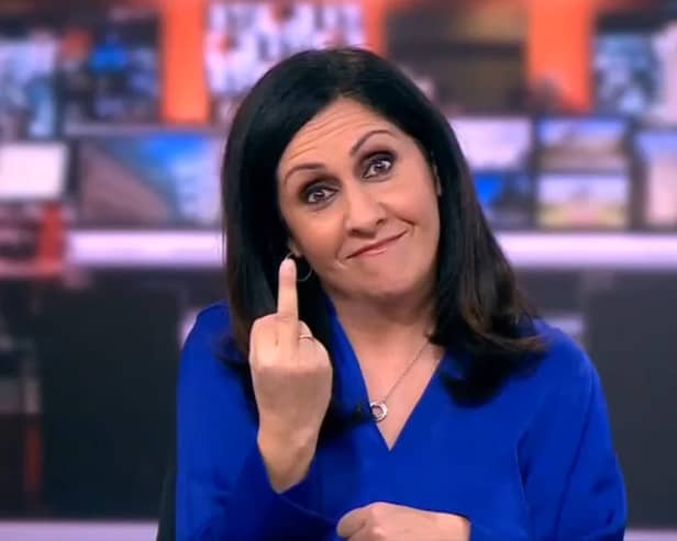 BBC News presenter Maryam Moshiri has apologised after she raised her middle finger to camera seconds before beginning her news bulletin. (Credit: BBC News)
