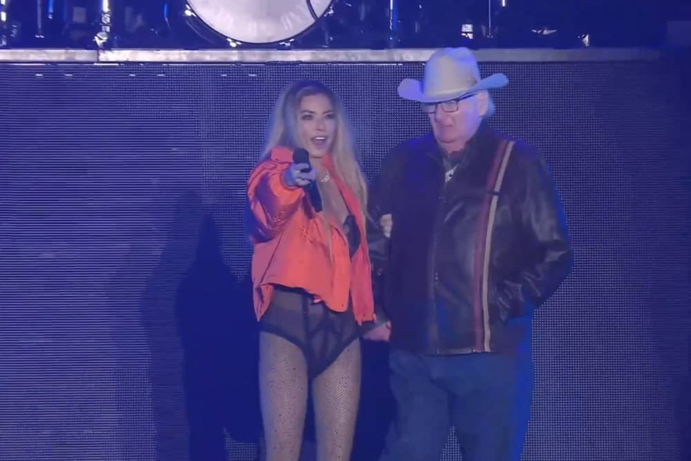Shania Twain invites 81 year old superfan, Ken, on stage during her set at Lytham Festival.