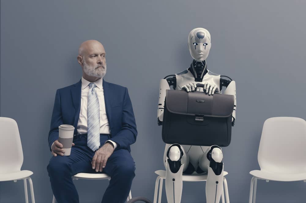 Man and AI robot waiting for a job interview