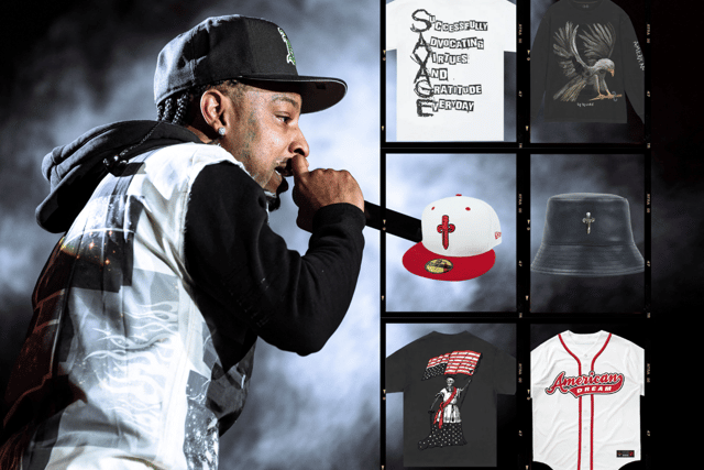 Could the likes of 21 Savage's baseball jersey or leather bucket cap be available to buy during the rapper's shows in the UK this year? (Credit: Getty Images/21 Savage Store)