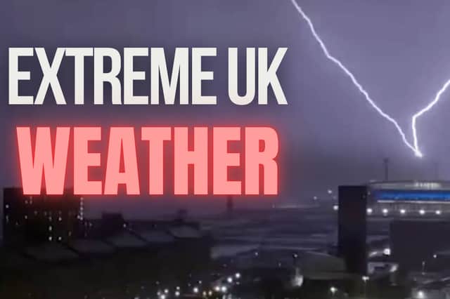 An image of lightning bolts near a football stadium