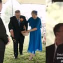 Groom’s grandparents walk down the aisle instead of flower girls.