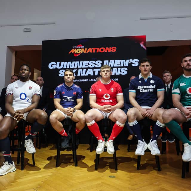 Scotland co-captain Rory Darge with the other Six Nations skippers, from left Italy's Michele Lamaro, England's Maro Itoje, France's Antoine Dupont, Wales' Jac Morgan and Ireland's Caelan Doris.