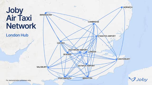 An illustration of what a future Joby air taxi network centred around London and Virgin Atlantic’s hub at Heathrow Airport could look like.