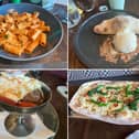 Prezzo's Easter menu, which includes, clockwise from top left: pasta alla vodka; Creme Egg calzone, Tuscan sausage and broccoli pizza; a children's sundae