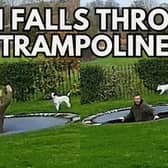 Photos of a man falling through a trampoline