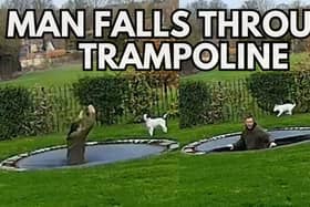 Two images of a man falling through a trampoline