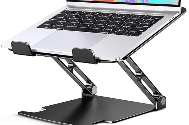 Lightweight, foldable laptop stand with dual-axis adjustability