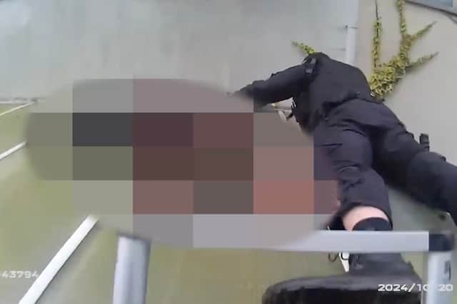 Bodyworn footage shows the moment Foley spat in an officer's face whilst he was being rescued from burning roof.