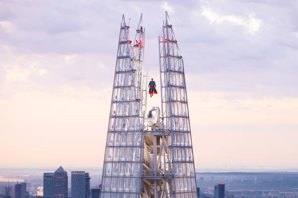 Superman soars above London in a spectacular display at the highest point of The Shard