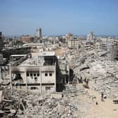 A general view shows the damage in the area surrounding Gaza's Al-Shifa hospital in 2024