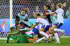 England celebrate penalty shoot-out win over Sweden on July 17