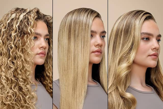 The Shark Glam Sleek Straight Waves & Curls Multi-Styler, which lets people style their hair in a variety of ways as shown, is on sale on Amazon now.