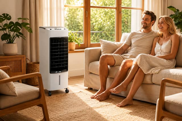 The portable oscillating air cooler includes a 4L tank, ice pack and adjustable airflow settings for summer cooling