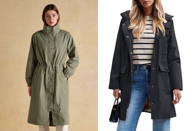 Joules Hensley Khaki Green Longline Waterproof Coat with Packable Hood £99  and  Amazon SaphiRose PONCHO Women's Long Hooded Rain Jacket Outdoor £54.99