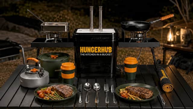 The Hunger Hub packs the essentials of a campsite kitchen into one clever box, including cookware and utensils.