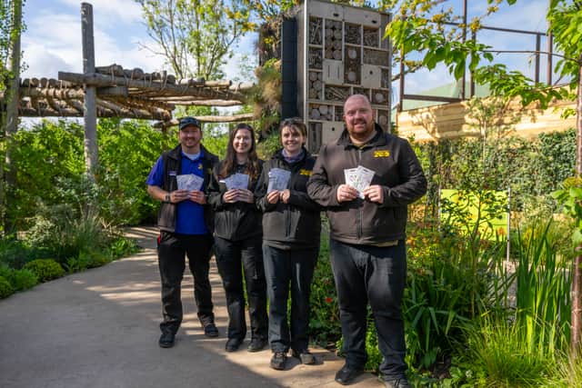 Hertfordshire Zoo staff with Blue Diamond wildflower seeds