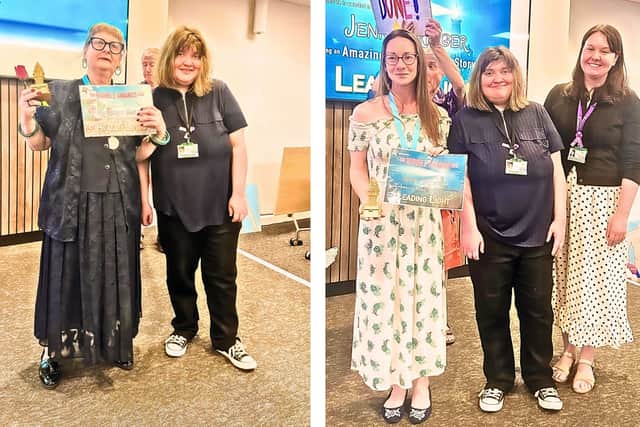 Margaret Smith (L) and Jenny Bridger (R) receiving their awards from Kirsty (Expert by Experience) and Natasha from the Health Liaison Team, Hertfordshire County Council