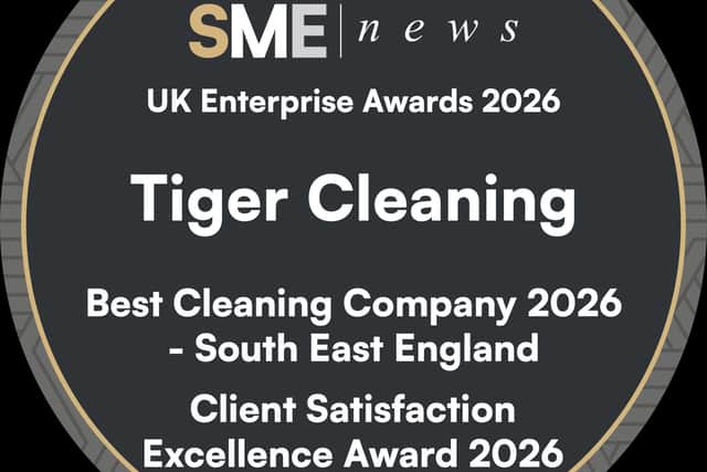 Official SME News UK Enterprise Awards 2026 logo recognising Tiger Cleaning as Best Cleaning Company 2026 – South East England and winner of the Client Satisfaction Excellence Award 2026.