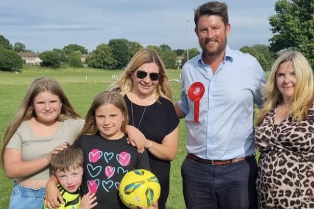 From Right to Left: Cllr Angela Mitchell, David Taylor MP (as a candidate), Jodie, and her 3 children.