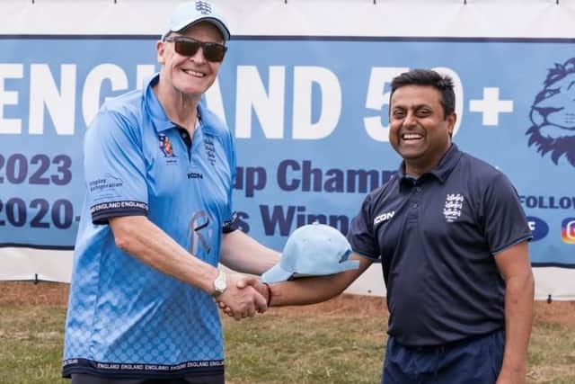 Mukesh R Bhatt receiving debut England cap from Peter R.