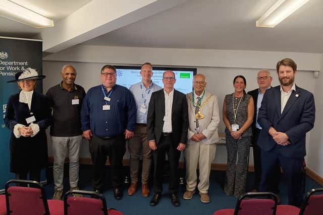 David Taylor MP, Dacorum’s Mayor Garrick Stevens, the High Sheriff of Hertfordshire, DWP staff and South Hill Centre Manager Jeremy Keeley at the opening of the new Youth Hub at the South Hill Centre.
