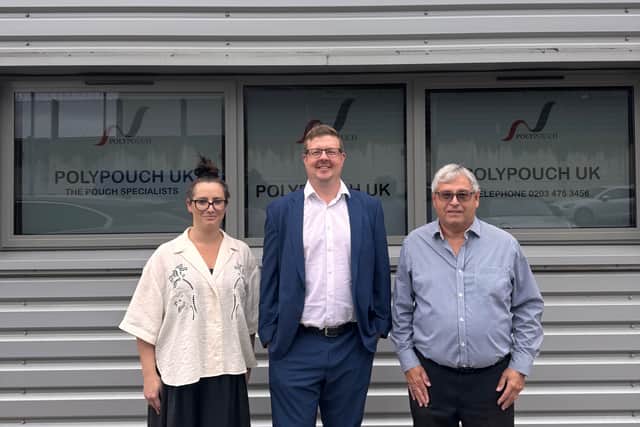 (Sam Frankel, incoming Managing Director of Polypouch; Daniel Tedham, CEO, Wasdell Group; Stephen Frankel, founder of Polypouch)