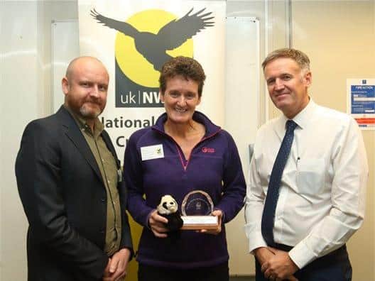 Wildlife officer PC Jos Bartlett with Chief Constable of Cheshire, Darren Martland, and Paul De Ornellas, the Chief Wildlife Advisor for WWF