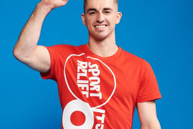 British artistic gymnast, Max Whitlock, poses in in the studio whilst wearing a sport relief t-shirt for the sport relief 2020 campaign. Photo by Philip Haynes/Comic Relief