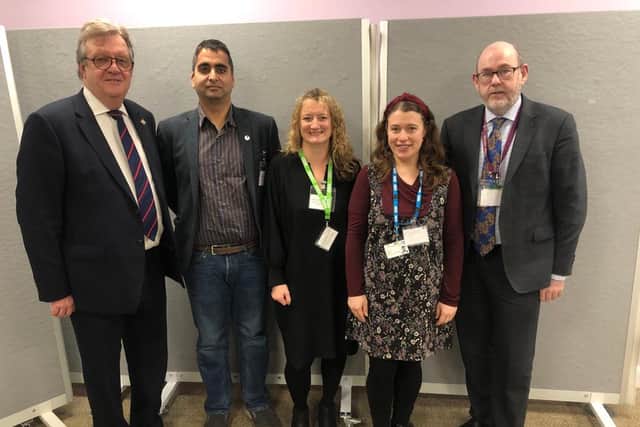 L-R: Tim Hutchings, cabinet member for Public Health and Prevention; Amandip Sidhu, founder of Doctors in Distress; Jacqui Morrissey, assistant director Research & Influencing Samaritans; Michelle Karpus, lived experience representative from HPFT NHS; and Jim McManus, director of Public Health at Hertfordshire County Council