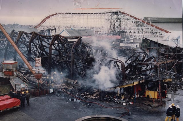 The twisted ruins of the Fun House at Blackpool Pleasure Beach which was destroyed by fire in December 1991