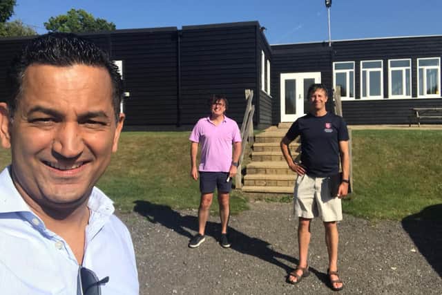 Gagan Mohindra MP pictured with Nick Cave (president) and Roger Macklin (chairman) outside the newly refurbished clubhouse