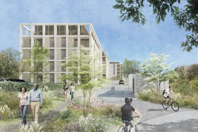 Illustrative view at the site entrance looking into the site from the habitat garden with Block A, B and C beyond