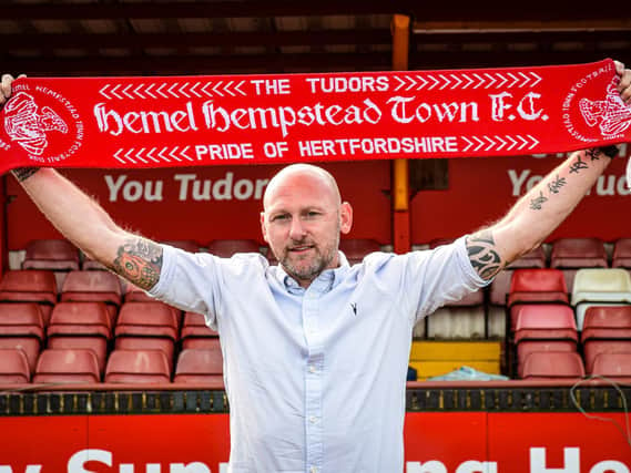Lee Bircham shows of his new colours after being appointed as the new manager of Hemel Hempstead Town