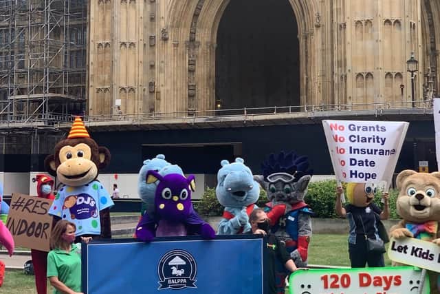 Helen and the company mascot were two of many representing soft play centres from across the UK in Westminster today