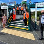 Chris Heaton-Harris MP (L), James Dean, West Coast South route director Network Rail (R) at opening of Tring station's Access for All upgrade (C) Network Rail