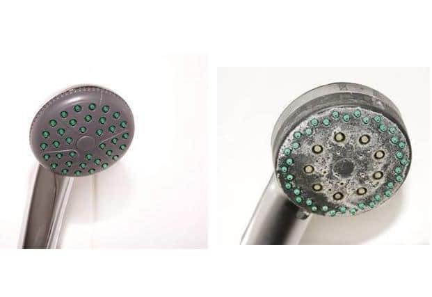 Shower head before and after limescale build up