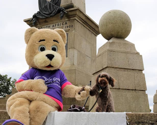 Rennie Bear mascot with Oscar the dog at Coombe Hill