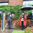 L to R: Standard Bearer Howard French, RBLHH President Major Bob Fisher (saluting), Mayor of Dacorum, cllr Terry Douris (C) Dacorum Borough Council