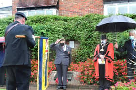 L to R: Standard Bearer Howard French, RBLHH President Major Bob Fisher (saluting), Mayor of Dacorum, cllr Terry Douris (C) Dacorum Borough Council