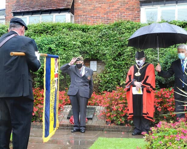 L to R: Standard Bearer Howard French, RBLHH President Major Bob Fisher (saluting), Mayor of Dacorum, cllr Terry Douris (C) Dacorum Borough Council