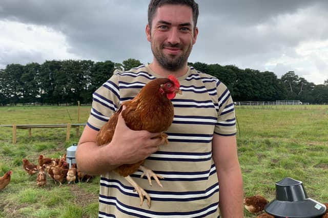 Max Dudley on his chicken farm in Berkhamsted