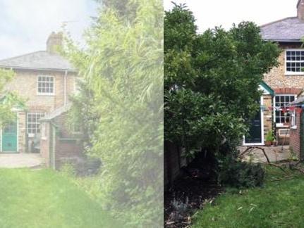 Before and after photo of the windows and door